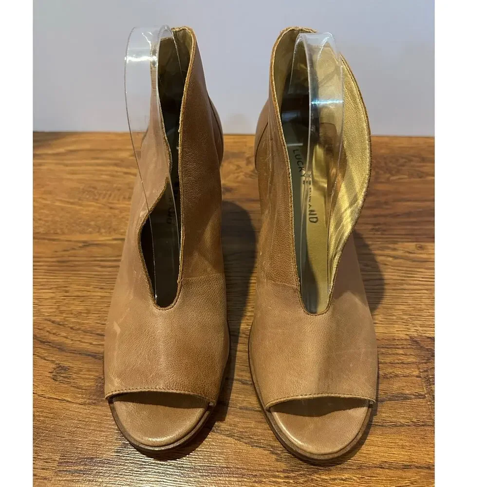 Lucky Brand Joal Peep Toe Leather Booties Women’s 8.5M Tan Block Heel Shoes